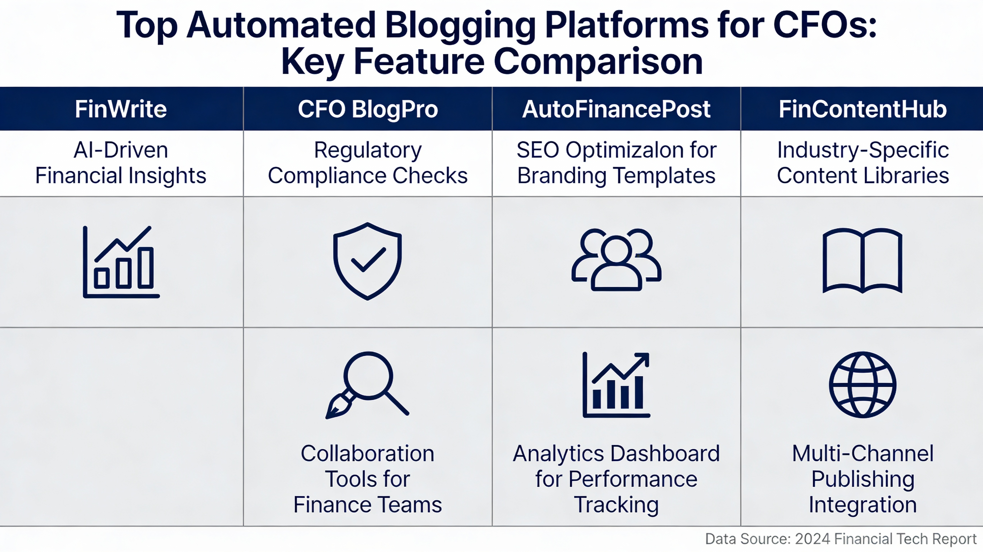 Infographic comparing features of automated blogging platforms for finance leaders