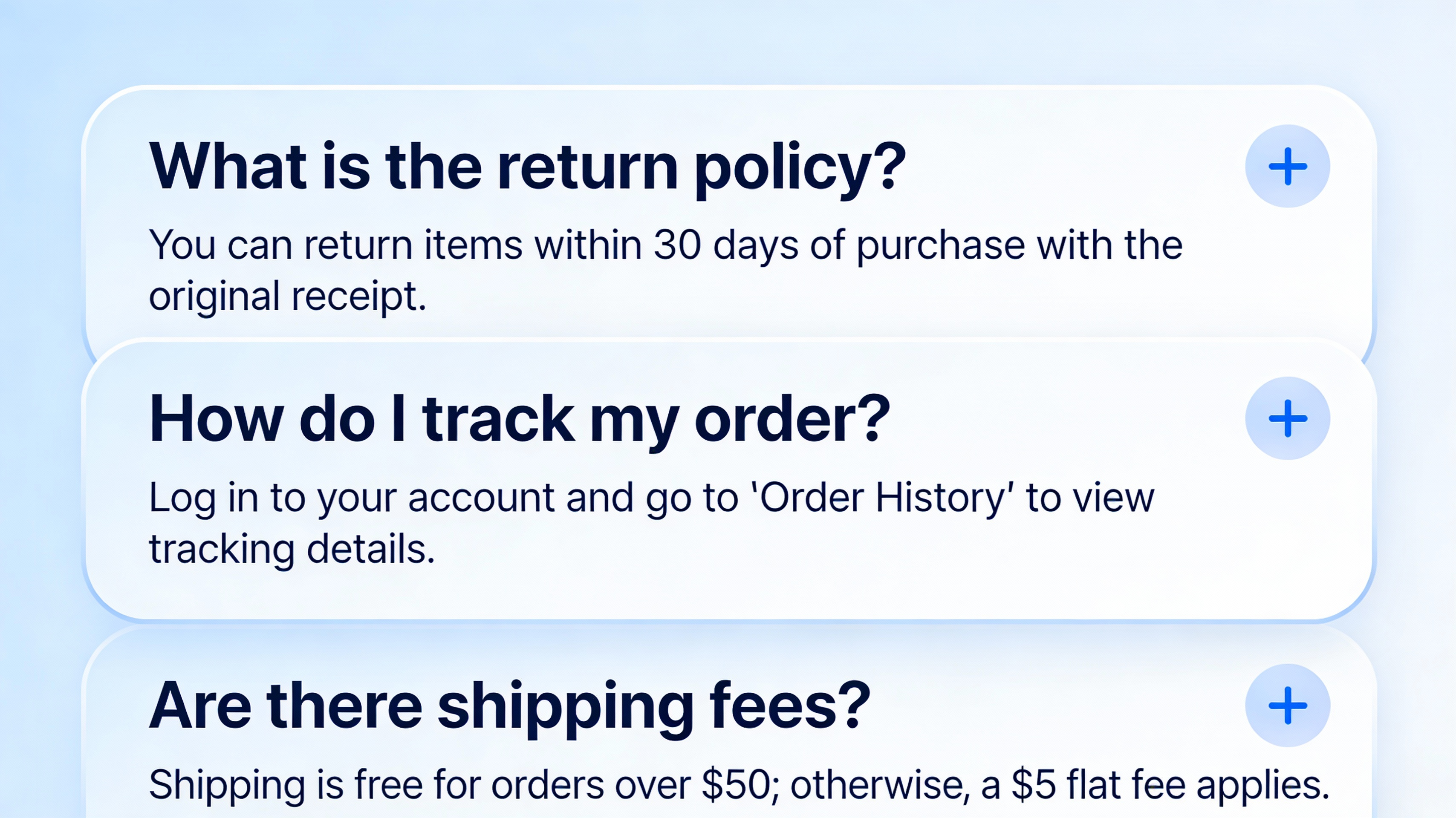 Accordion style FAQ layout mockup