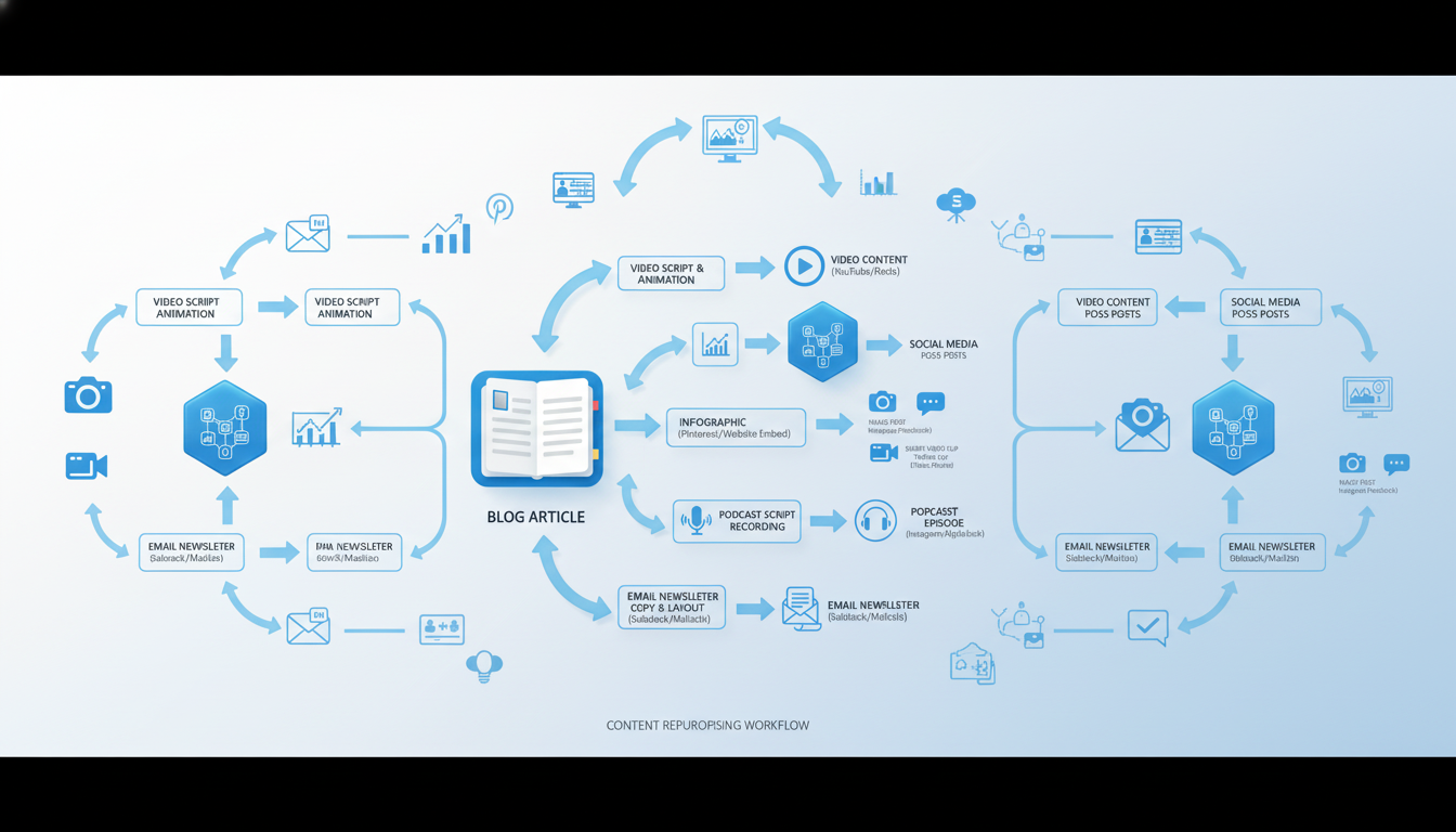 Workflow diagram illustrating content repurposing steps: audit, identify formats, adapt, optimize, distribute, track.