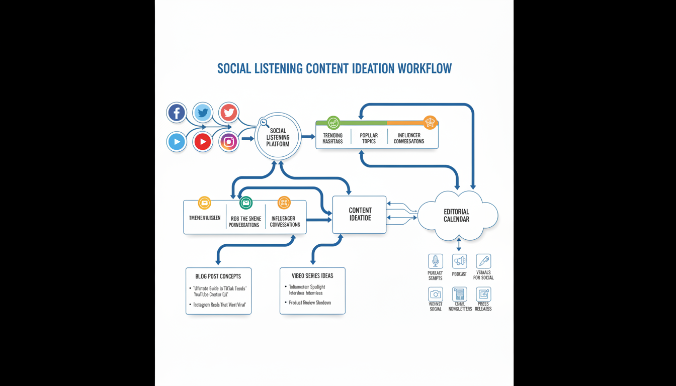 AI system processing data streams, symbolizing a methodical social listening system setup