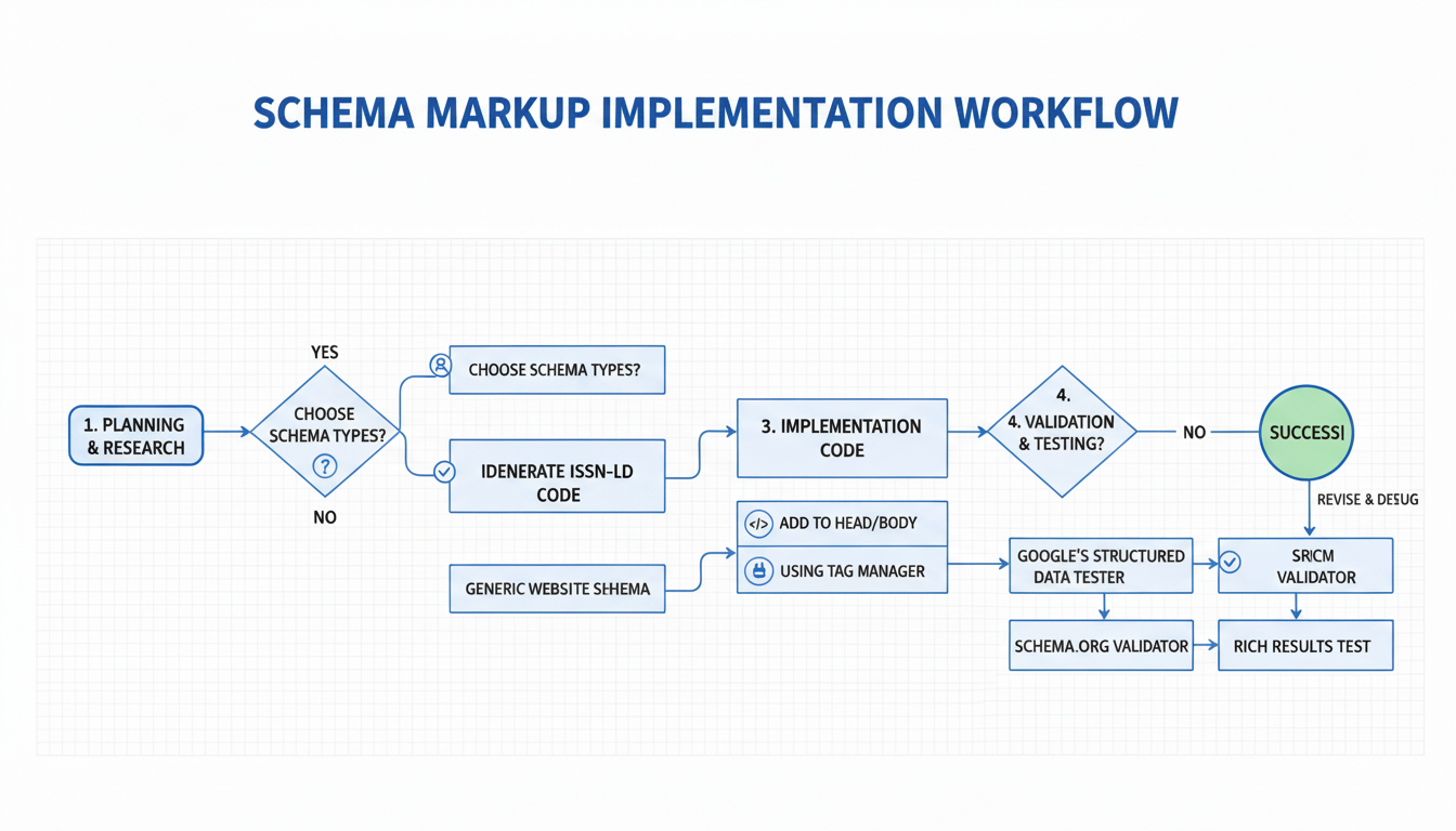 Diagram illustrating a five-step schema markup implementation workflow: Plan, Generate, Implement, Test, Monitor