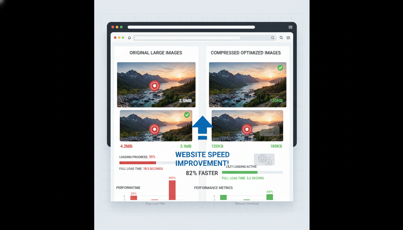 Visual representation of an image being compressed and converted into a WebP format, showing reduced file size.