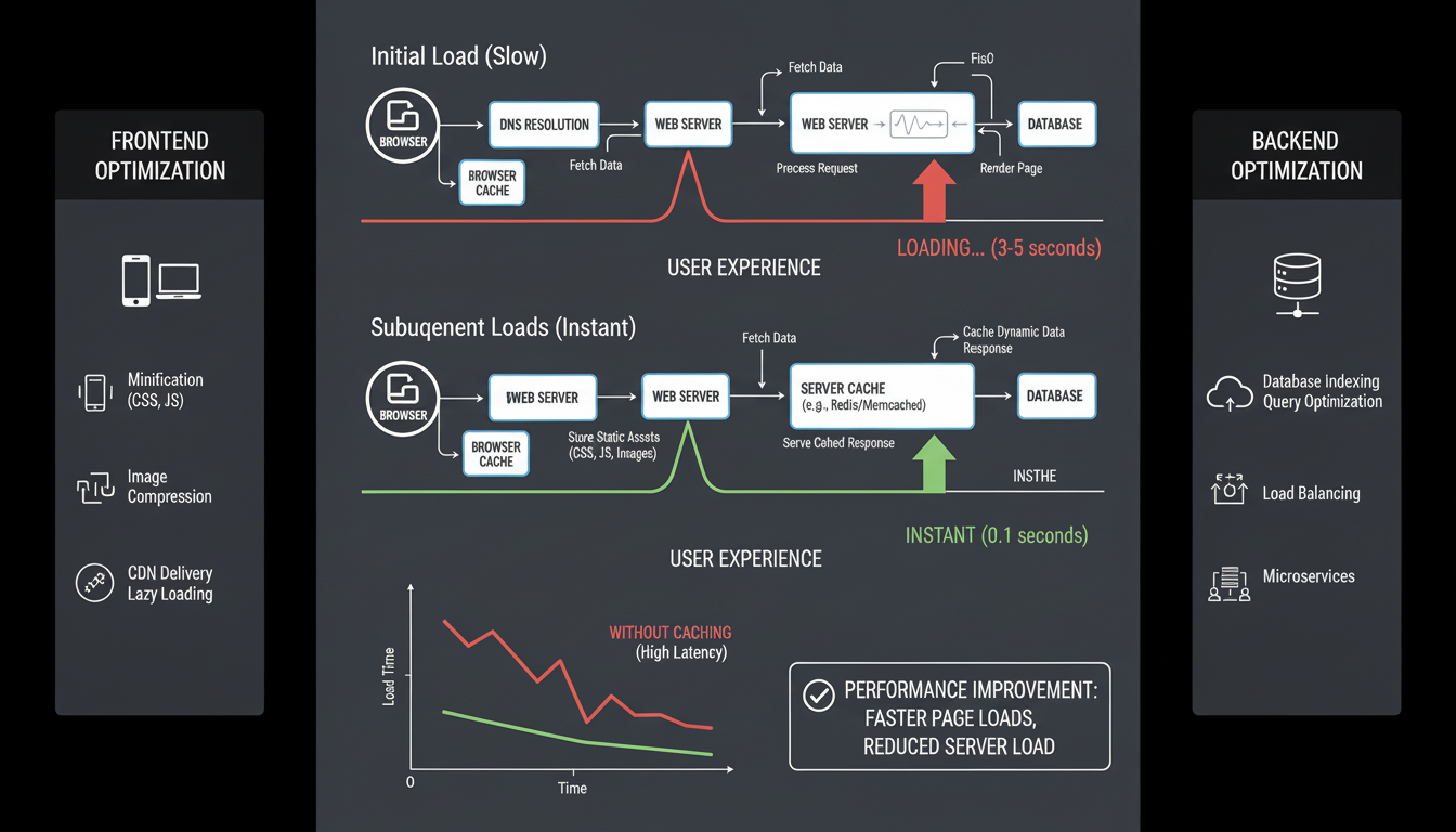 Diagram illustrating browser and server-side caching mechanisms, showing how cached data speeds up content delivery to users.