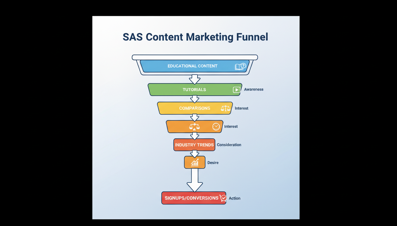 A diagram illustrating a content marketing funnel with stages like awareness, consideration, and decision, showing different content types at each stage.
