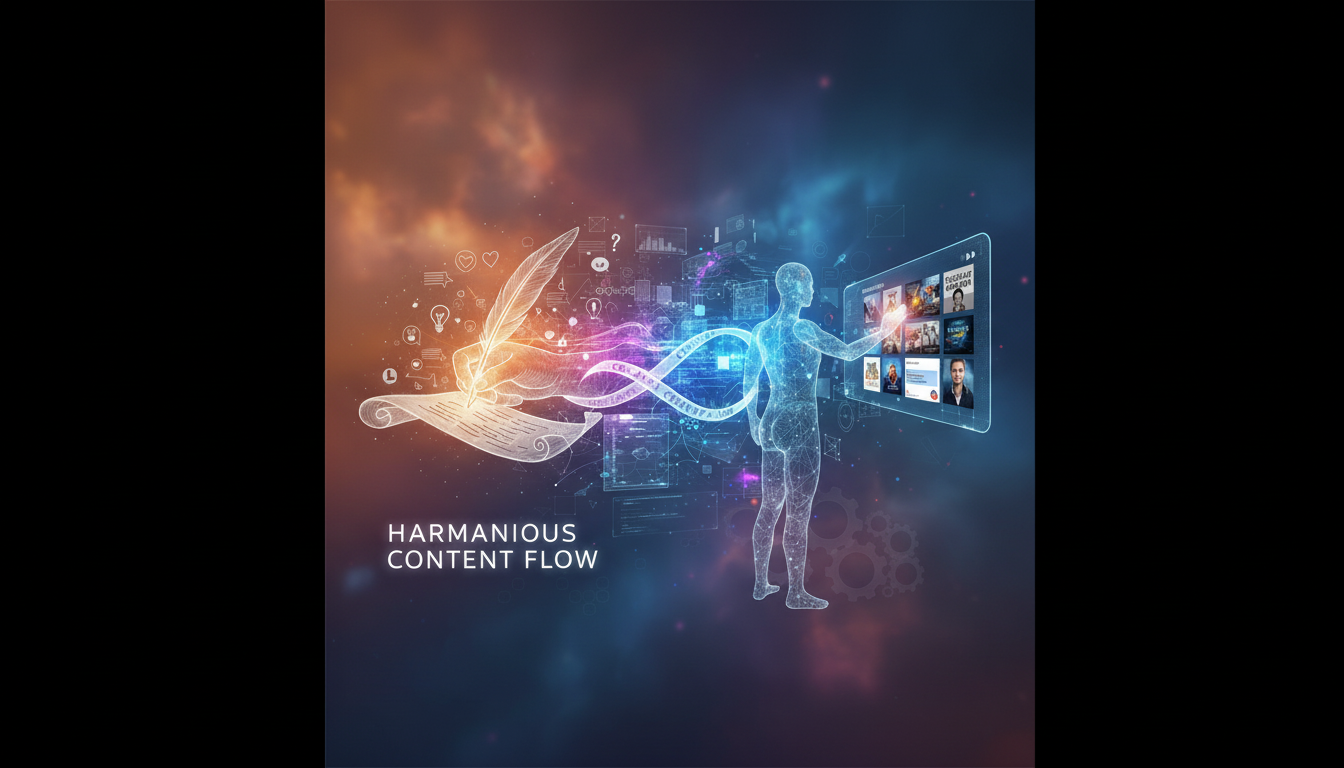 Human hand and robotic hand collaborating on a digital tablet, symbolizing AI and human synergy in content creation