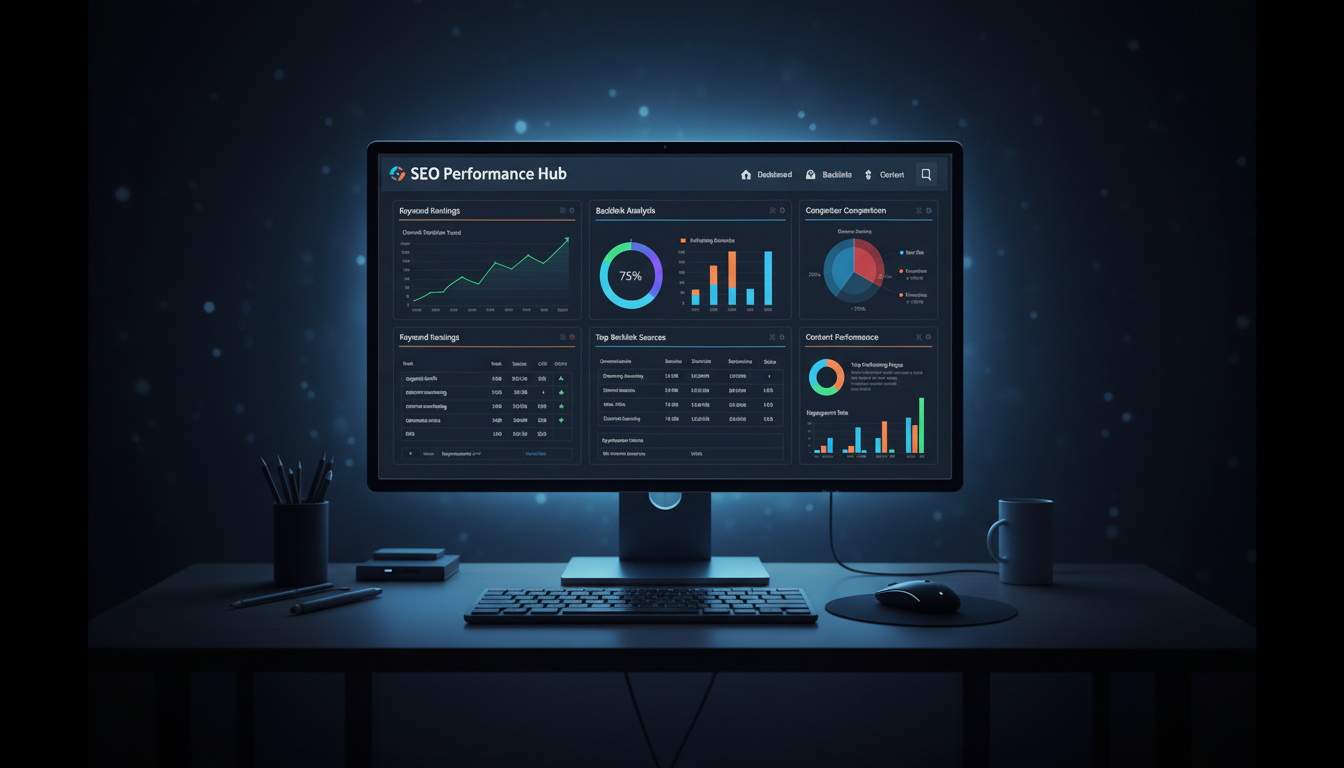 Stylized depiction of interconnected data points and graphs, symbolizing advanced SEO analysis and competitive intelligence.