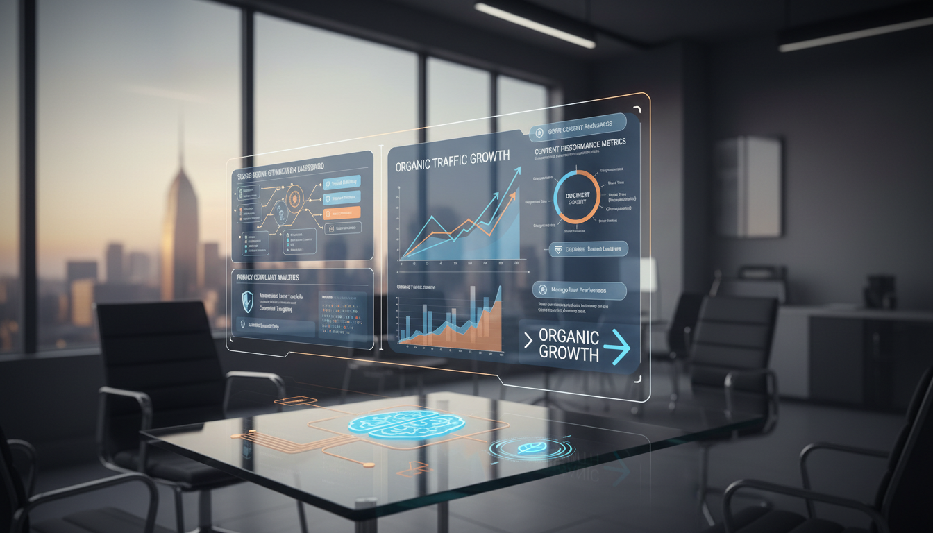 An abstract illustration of interconnected data points forming a brain-like structure, symbolizing intelligent SEO and data management.
