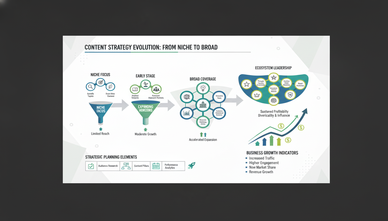 An abstract illustration of a wide, flowing network of interconnected nodes, representing a broad content strategy's expansive reach and diverse topics.