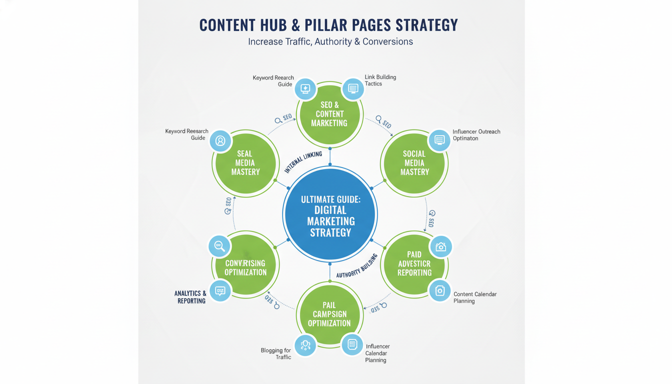 An interconnected network of nodes with a central, larger node, depicting a content hub strategy with a pillar page and supporting cluster content.
