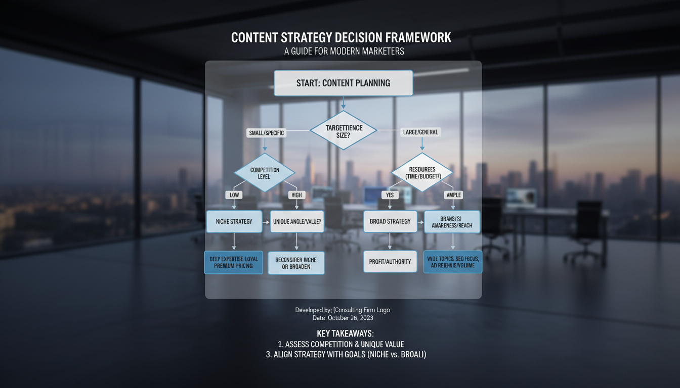 A detailed infographic comparing two distinct graphs: one showing high peak, narrow scope (niche) and another showing broader, lower peaks (broad), illustrating SEO performance differences.