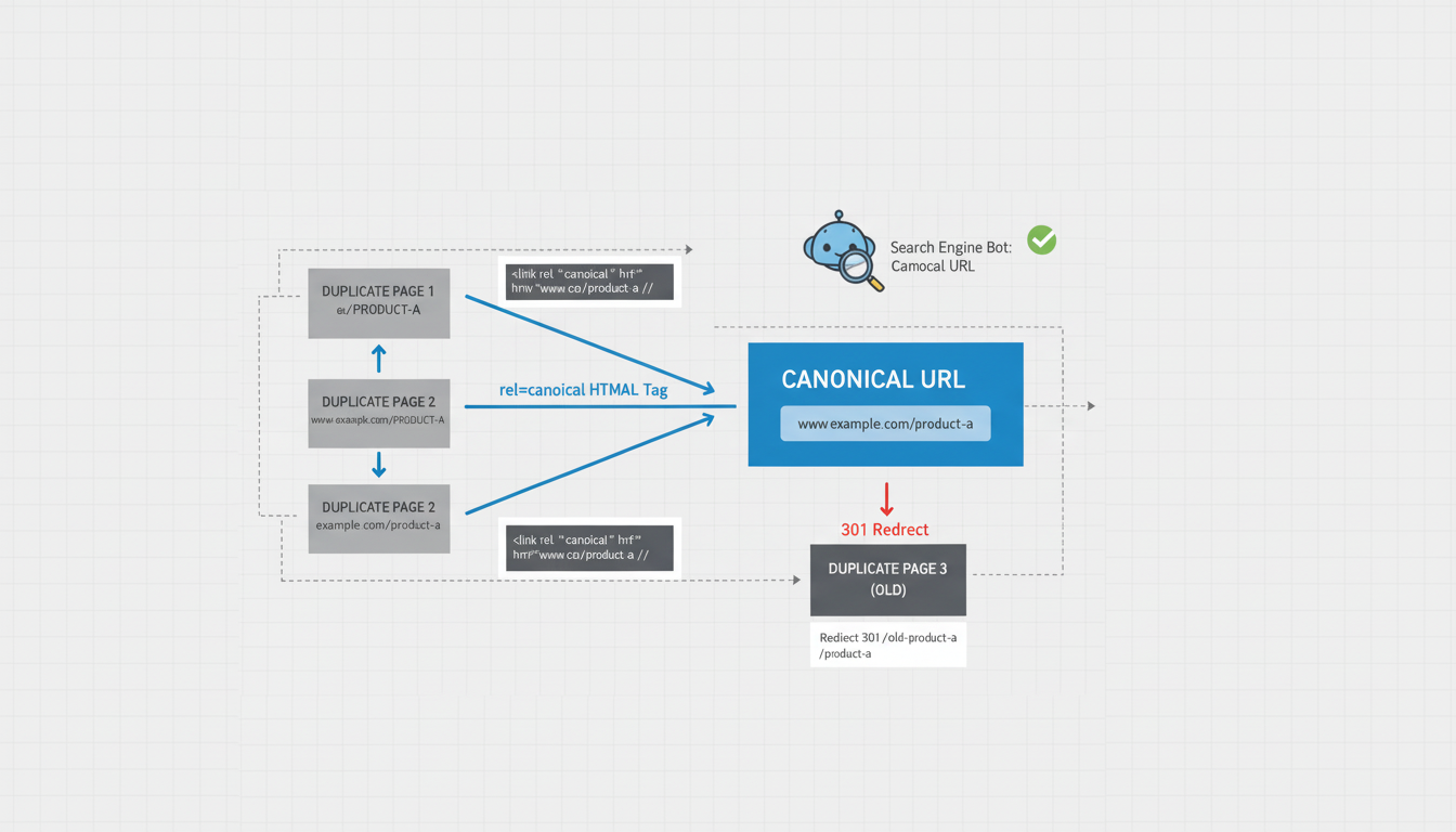 Code snippet displaying rel=canonical tag in HTML, illustrating technical SEO solution.