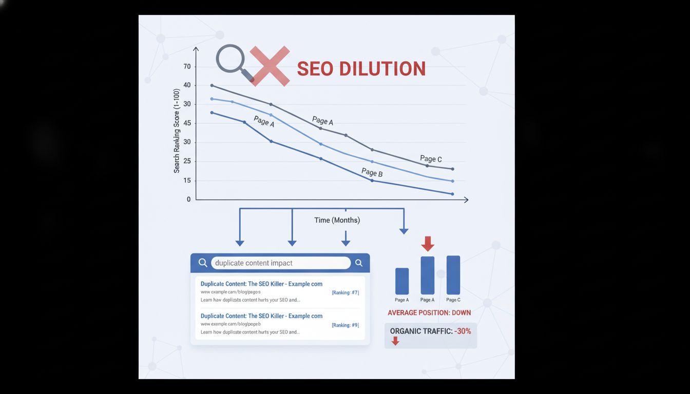 Abstract visualization of fragmented data paths leading to a central, confused search engine icon, representing SEO dilution due to duplicate content.