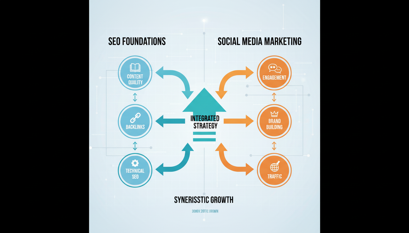 An AI-generated image depicting a stylized brain connecting various digital marketing icons, including SEO, social media, and data analytics, against a blurred city background.