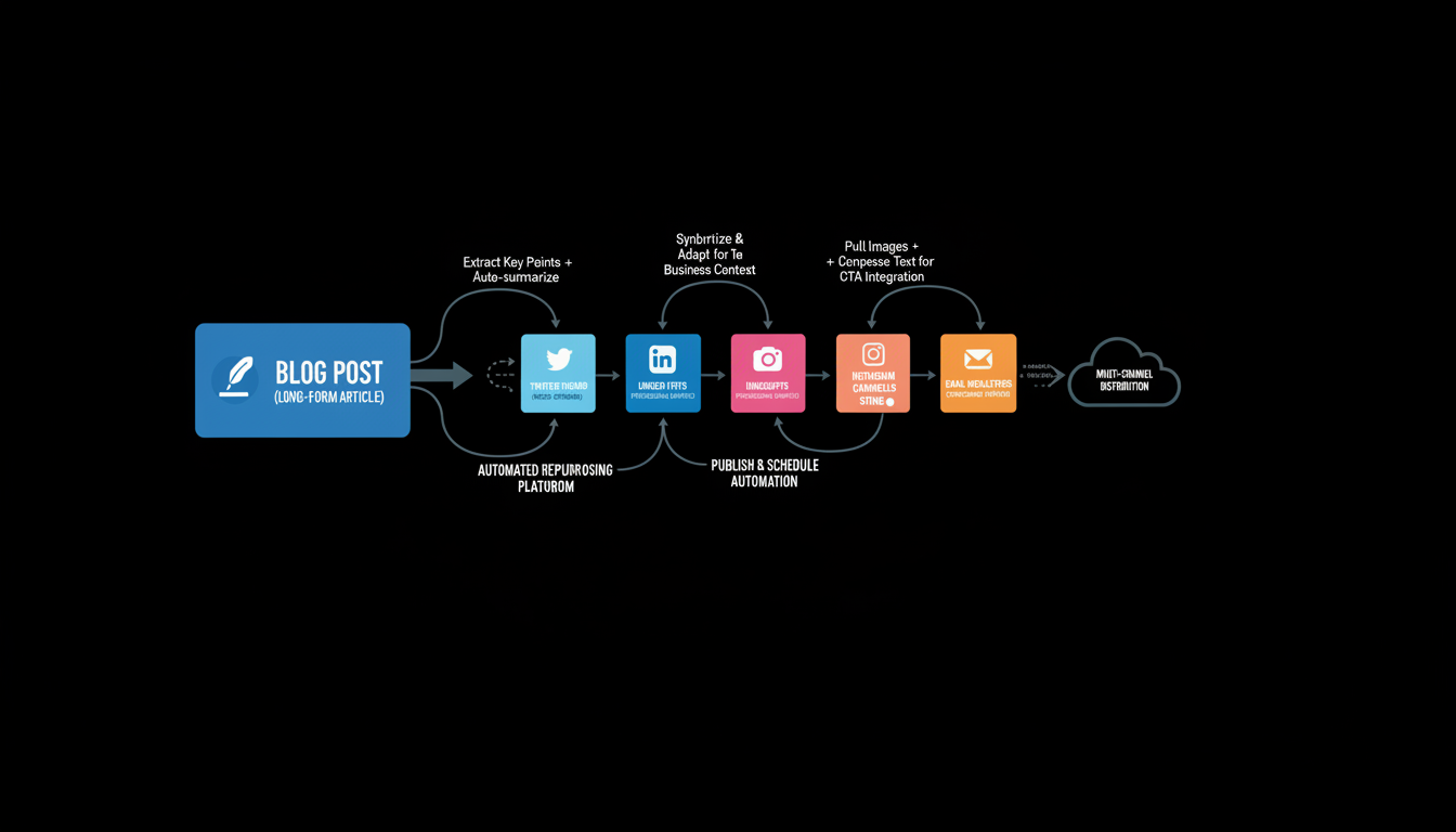 Workflow diagram illustrating content repurposing across various digital platforms using AI