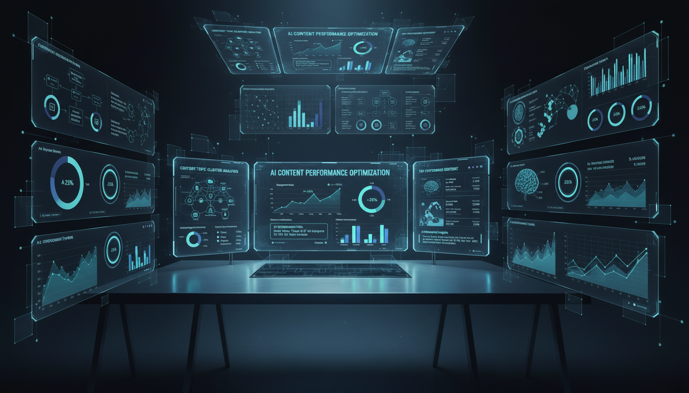 Dashboard showing AI-powered performance optimization for content, with charts and key metrics