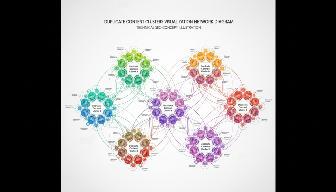 Illustration showing multiple content fragments converging into a central, unified content piece, representing content consolidation.