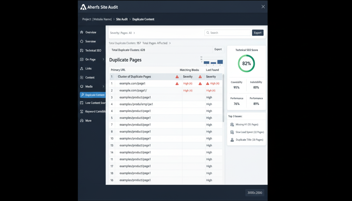 Illustration of Ahrefs Site Audit interface displaying data points like content similarity, meta tags, and H1s, highlighted to show detection of duplicate content.