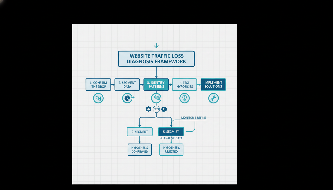 Flowchart showing a systematic framework for diagnosing website traffic loss, with stages from confirmation to monitoring recovery.