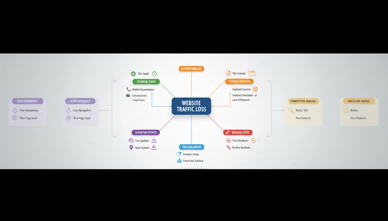 Visual mind map showing common causes of website traffic loss, including technical issues, algorithm updates, content problems, backlink issues, seasonality, and competitive factors.