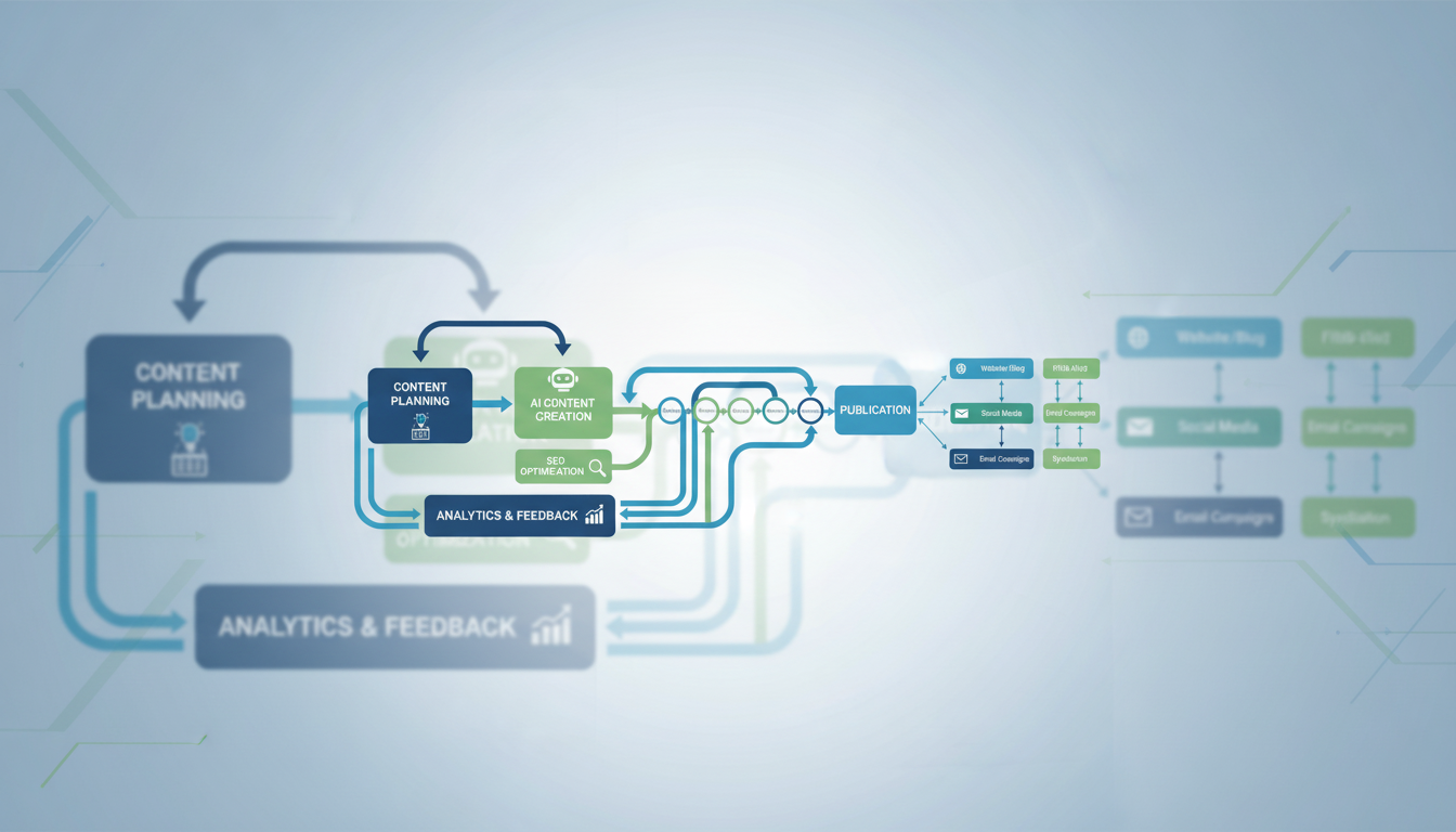 Abstract representation of interconnected data points and workflows, symbolizing a scalable content system.