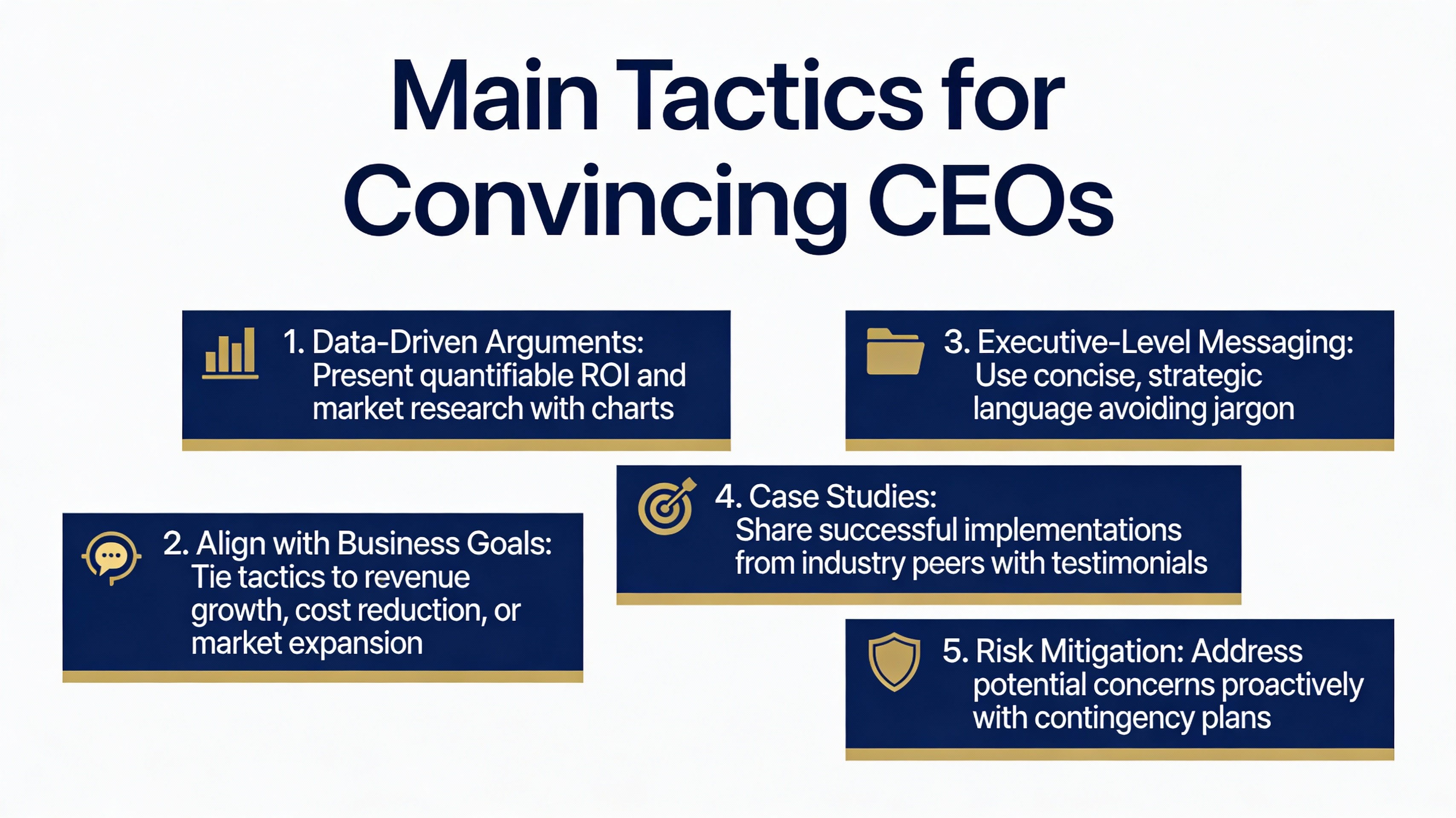 Summary graphic of key tactics to get CEO approval for SEO