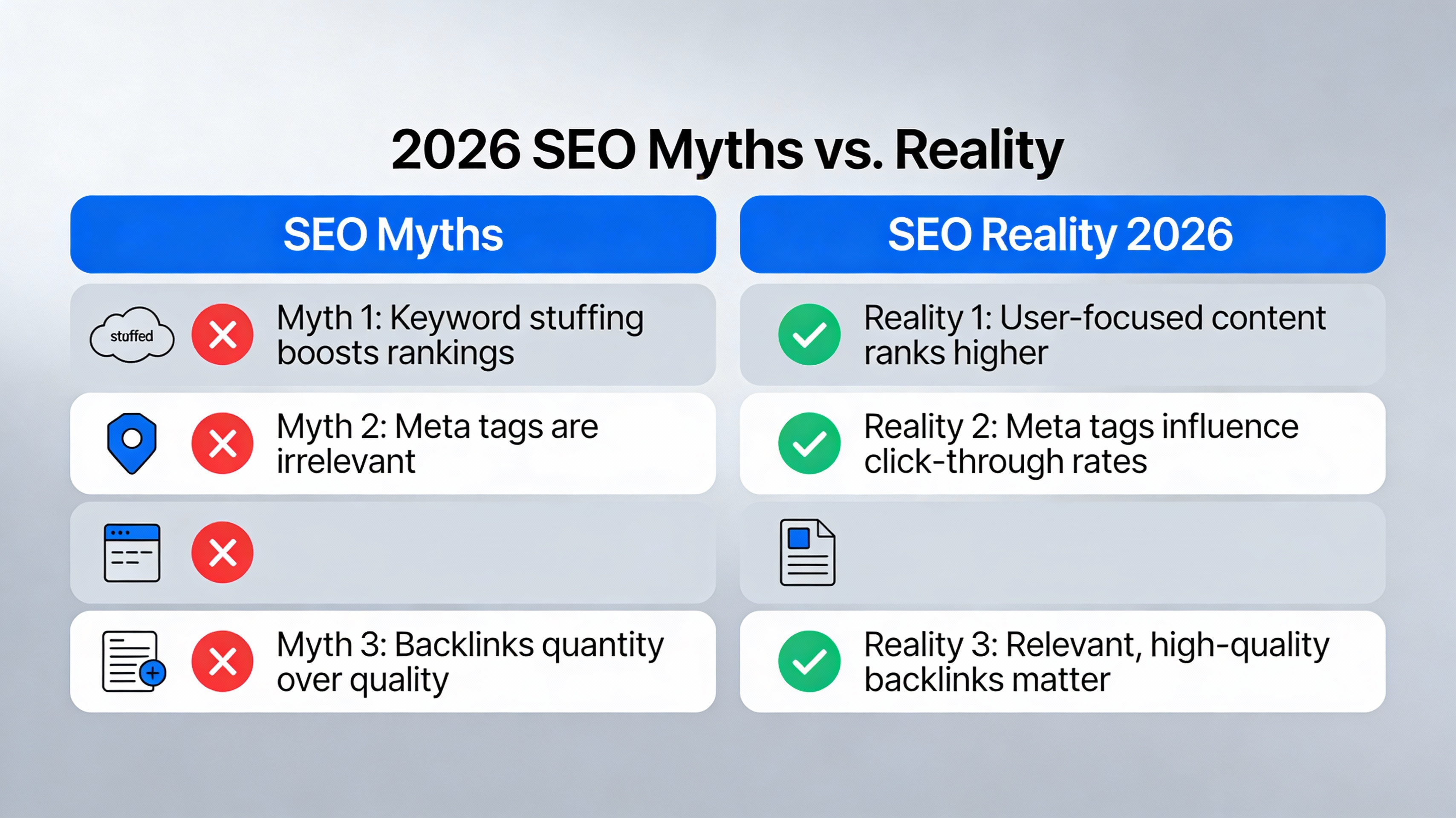 Infographic showing SEO myths versus reality in 2026