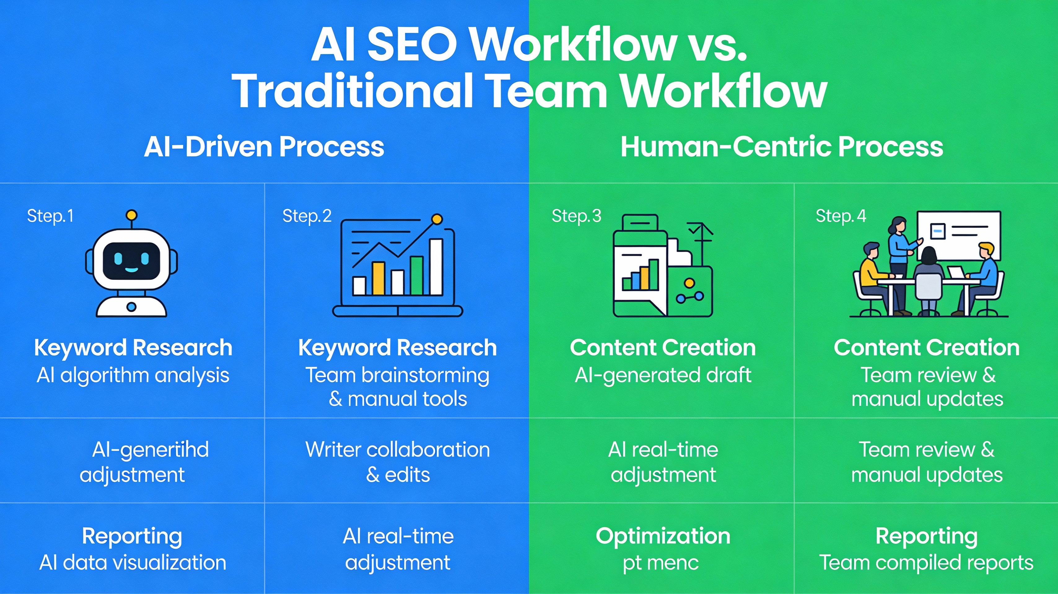 Comparison infographic of AI SEO automation versus traditional SEO team