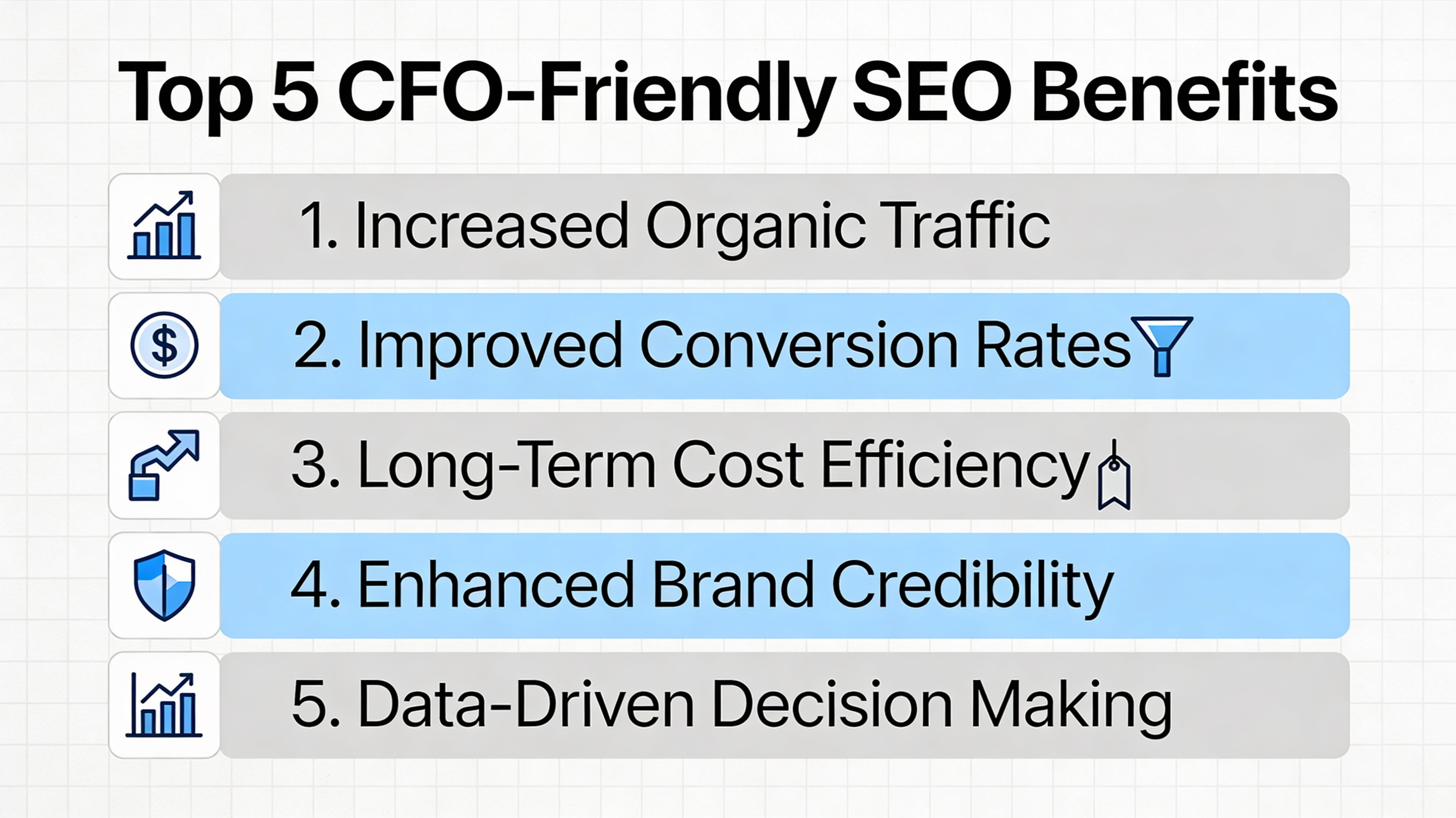 Infographic summarizing top CFO-friendly SEO benefits