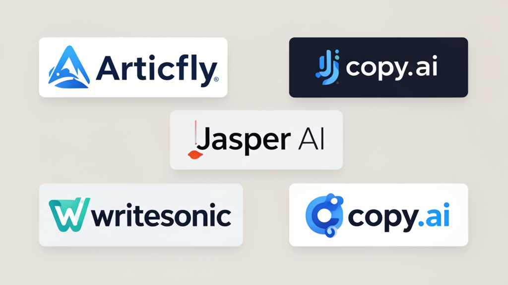 Collage featuring logos of top AI blog writing tools: Articfly, Jasper AI, Writesonic, Copy.ai