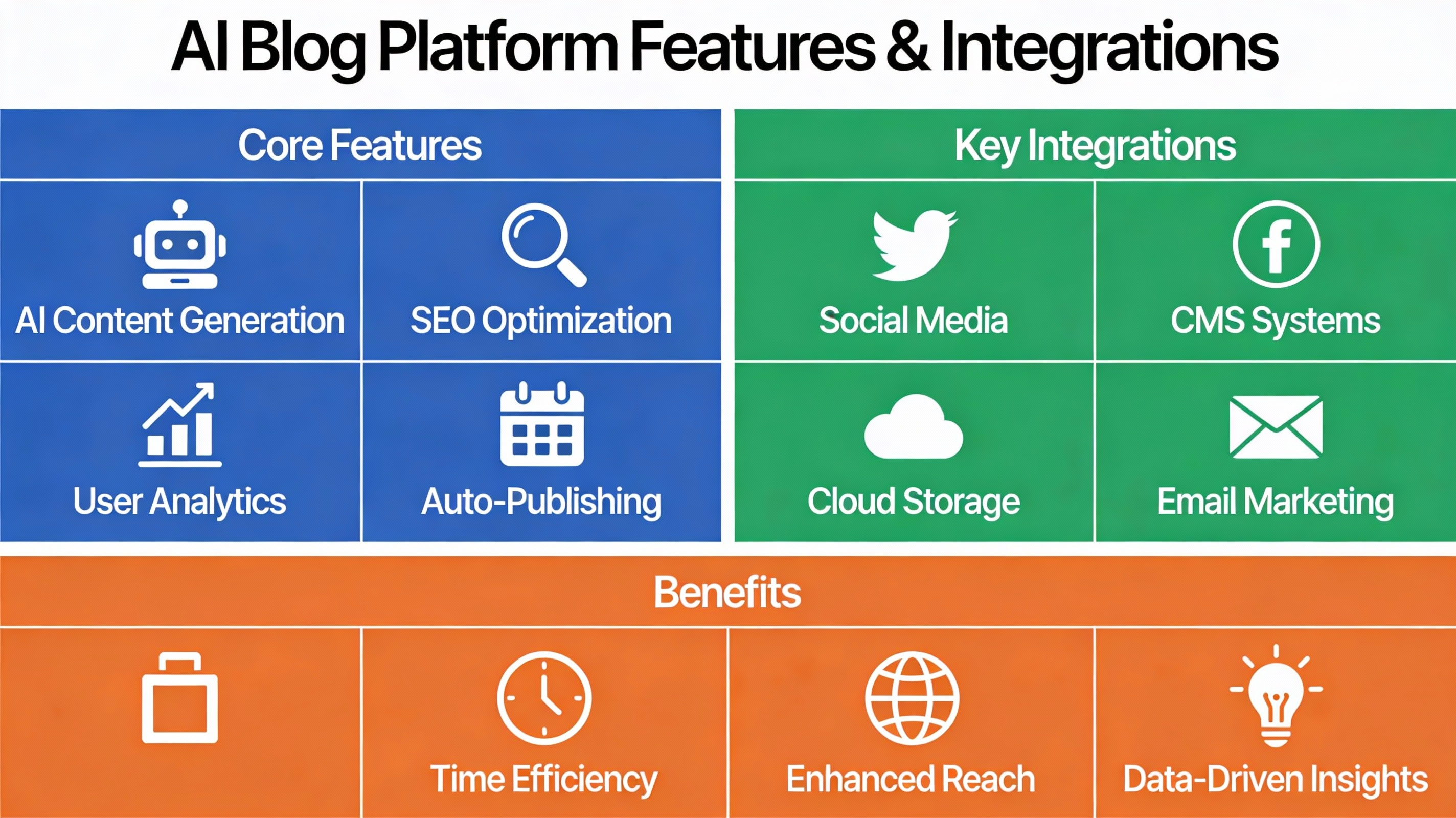 Diagram of essential AI blog platform features and integrations