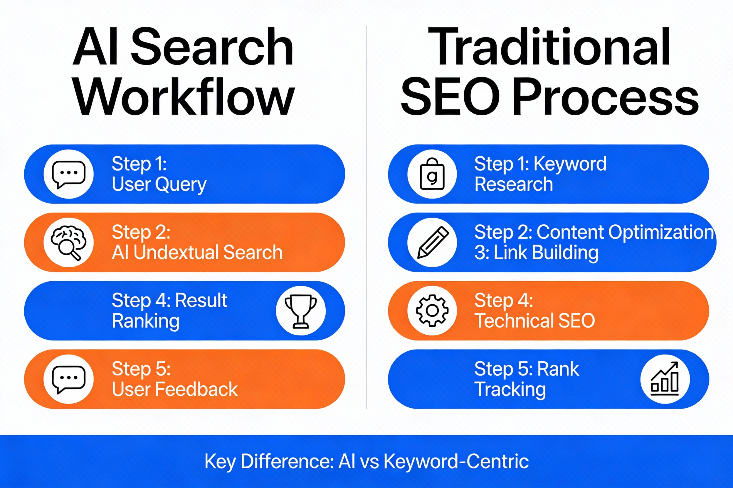 Comparison infographic of AI search workflow and traditional SEO
