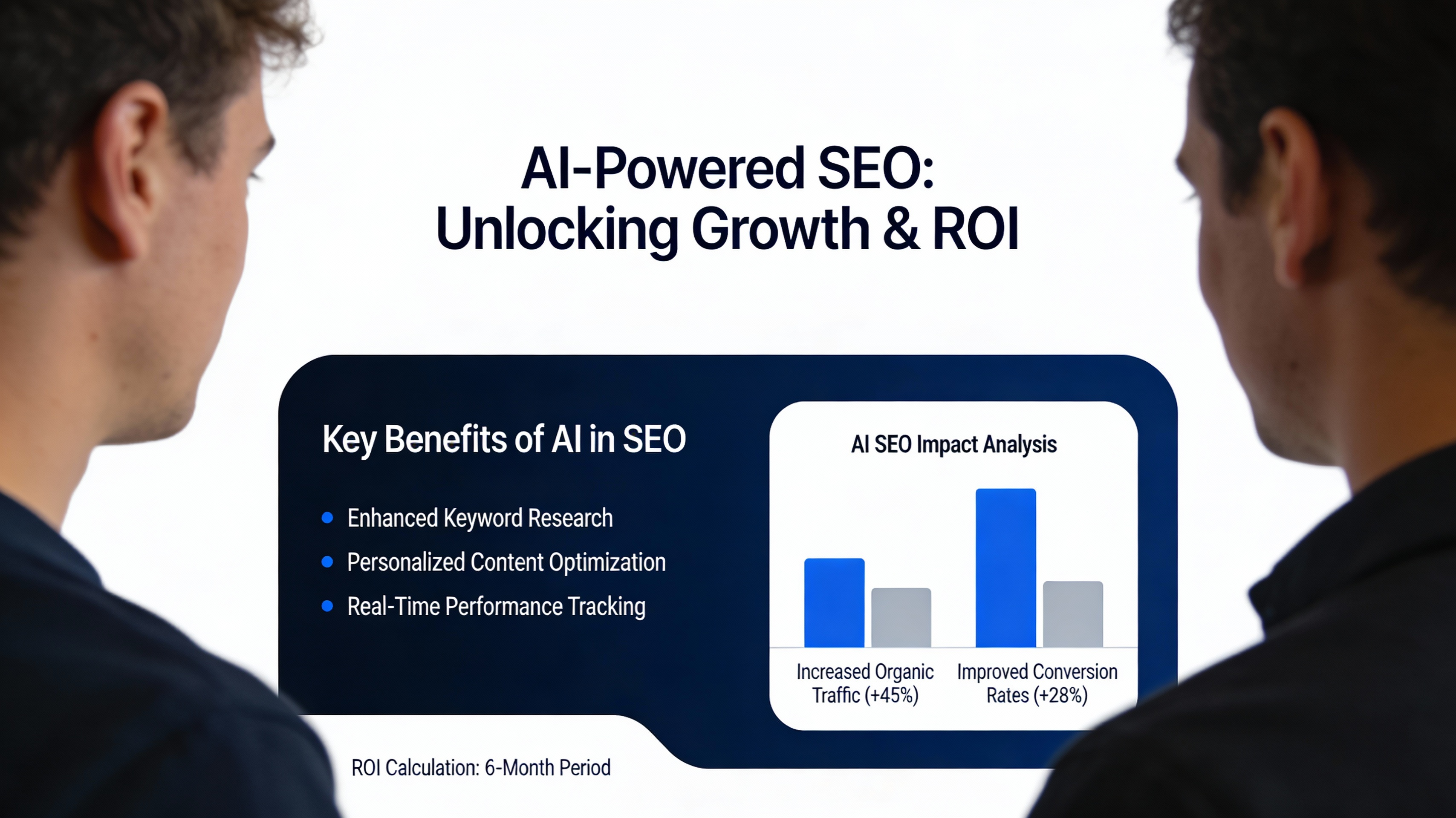Slide deck mockup showing AI SEO benefits and ROI metrics